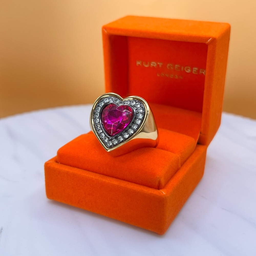 Kurt Geiger Gold Heart Ring with Pink Gemstone